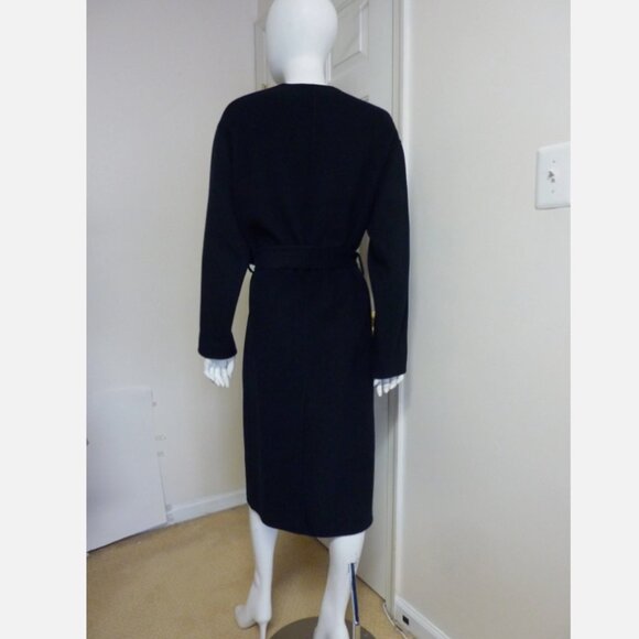 VINCE Wool-Cashmere-Blend Belted Collarless Coat in Navy Blue - Picture 5 of 7